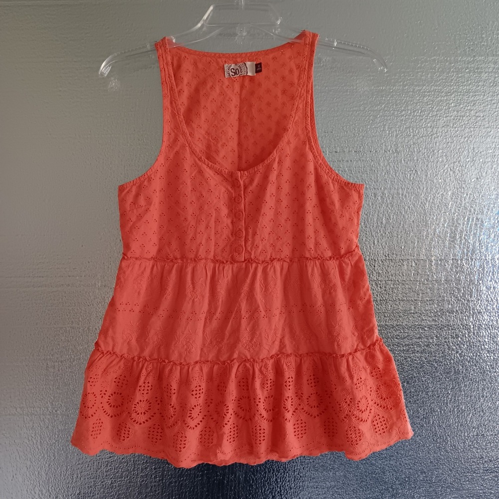 SO Eyelet Tank Top Womens Medium Coral Tiered Babydoll Boho Y2K